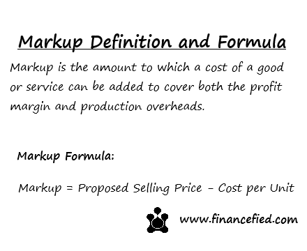 Markup is the amount to which a cost of a good or service can be added to cover both the profit margin and production overheads. Markup equals Proposed Selling Price less Cost per Unit.