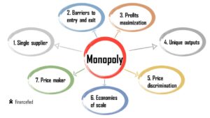 Features of Monopoly: 1. Single supplier. 2. Barriers to entry and exit. 3. Profits maximization. 4. Unique outputs. 5. Price discrimination. 6. Economies of scale. 7. Price maker.